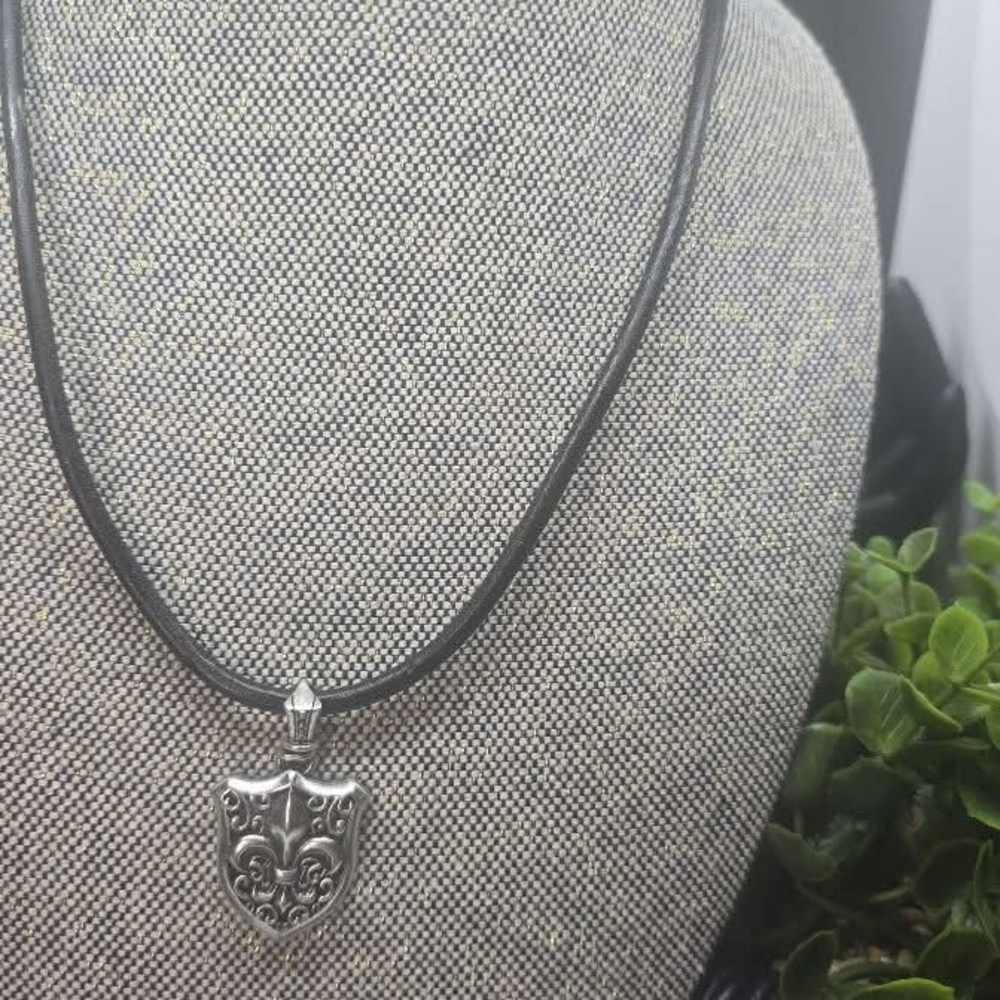 Silver Pendant on Black Leather Necklace